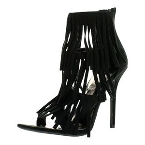 Wild Diva Black Strappy Layered Fringe Stiletto Heels